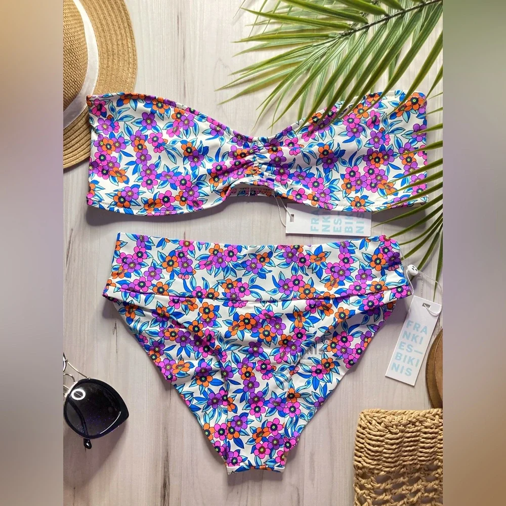 Frankie's Bikinis 👙 Floral Strapless Cinched Bandeau Top | High Rise Bottoms 🍍